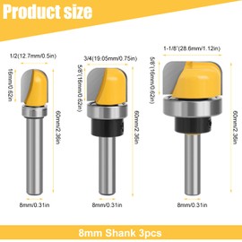 Set of 3 Milling Cutters for Router Set, 8 mm Round Cutter Router Bits, Chamfer Cutter, Bowl Milling Bit, for Woodworking Shaker Cutter Tools, Cutting Tool