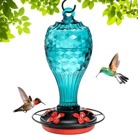 Jarkyfine Blown Glass Hummingbird Feeder, Blue, 20 oz