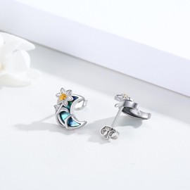 Moon Lily Earrings for Women 925 Sterling Silver Hypoallergenic Moon Abalone Stud Earrings Jewellery Gift, Sterling Silver, Abalone