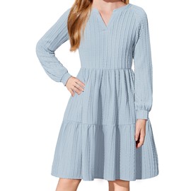 Arshiner Girls Dresses Lantern Long Sleeve Textured Casual Dress with Pockets for 9-10 Years Light Blue