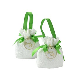 Airssory 5 pcs White Flower Drawstring Gifts-Bags Spring Floral Jewelry Candy Wrap Bags with Green Handle for Wedding Valentine's Day Party Present 18x13cm