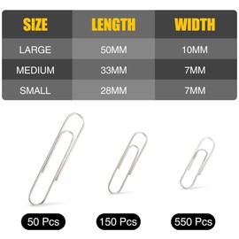 Kempshott 750 Paper Clips Assorted Sizes Small, Medium and Large Paper Clips for Paperwork Ideal for Home, School and Office Use (Assorted, Silver)
