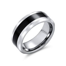 Simple Two Tone Black Center Couples Titanium Wedding Band Ring for Men for Women Silver Tone Beveled Edge 8MM