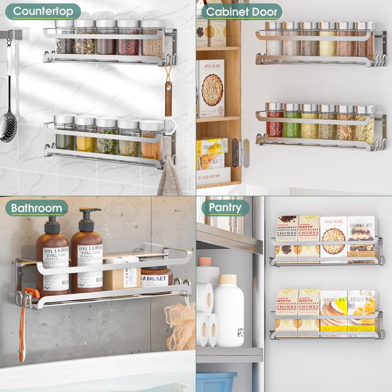 LUCYCAZ 4 Pack Wall Mounted Spice Rack with 16 Hooks,