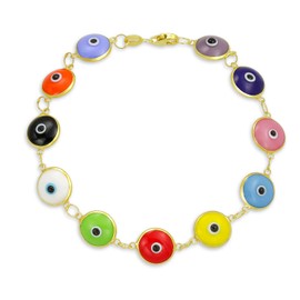 Protection Good Luck Amulet Turkish Glass Bead Evil Eye Bracelet For Women Teen Yellow Gold Plated .925 Sterling Silver Multicolor 7.5 Inch