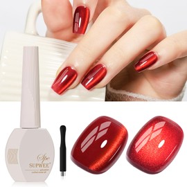 SUPWEE Red Cat Eye Gel Polish, 15ML Crystal Shimmer CatEye Gel Nail Polish Magnetic Glitter Holographic Reflective Nail Polish Gel with Magnet Soak Off Salon DIY at Home