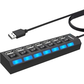 USB Hubs, Portable USB Splitter with 7 Ports and Single LED Switches, Hi Speed Hub with Power Supply for Laptop, PC, MacBook and Other Devices, Portable and Practical