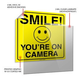 (Set of 4) Smile You're On Camera Sign - 6" x 6" - 4 Mil Vinyl - LAMINATED For Ultimate Protection & Durability - Self Adhesive Decal - UV Protected & Weatherproof - Heavy Duty