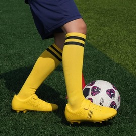 brooman Kids Firm Ground Soccer Cleats Boys Girls Football Cleats with Soccer Socks (12,Yellow)