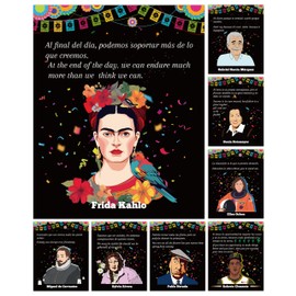 Fiupan Spanish English Hispanic Heritage Month Poster, 8Pcs Back to School Celebrity Motivational Quotes Classroom Poster Set, Festival Celebration Unframed Art for School Office (Black)