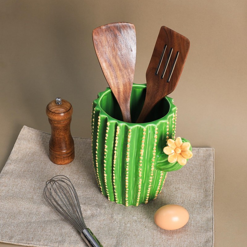 Bicuzat Cactus Shaped Ceramic Kitchen Utensil Holder, Large Cooking Utensil