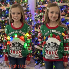 Christmas LED Light Up Sweater for Girls Boys 5t 6t Unique Green Cat Light String Pullover Long Sleeve Crewneck Knitted Sweatshirt Jumper Xmas Tops 5-6 Years