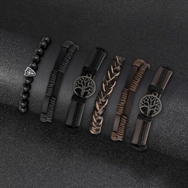 CHUCI - 6 Piezas Pulseras para Hombre, Pulseras de Cuero Genuino con Diseño de Árbol de la Vida, con Cuentas de Piedra de Lava Natural de Ojo de Tigre, Pulseras Elásticas Étnicas Tribales