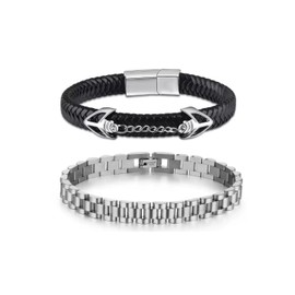Luckly Aulay Men's 2-Piece Adjustable Bracelet Set with Tool, Stainless Steel Chain & Braided Leather Cuff, Industrial Style Daily Wear Jewelry Gift for Him