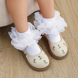 Zando Girls Ruffle Socks 8-10 Years Old Comfortable Pink Lace Socks for Girls Frilly Ankle Dress Socks Big Double Lace Turn Cuff Dress Socks White/Pink/Red 8-10 Years