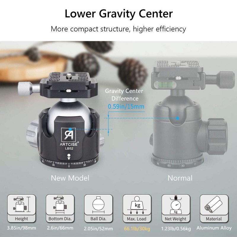 52mm Low Profile Ball Head Tripod Mount Ball Head ARTCISE