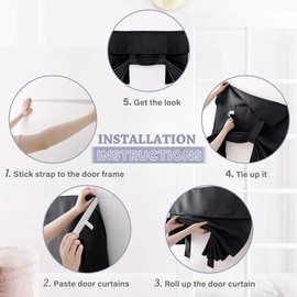 PONY DANCE Thermal Insulated Door Curtains French Door Privacy Blinds Blackout Tie Up Shades Sticker Room Darkening Curtains for Glass Door Window, 26x69-Inch, Black, 1 PC