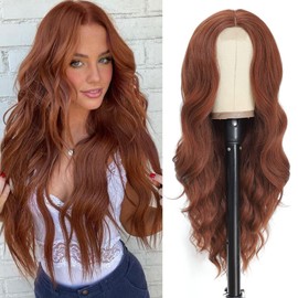 NAYOO Long Auburn Wavy Wig for Women 26 Inch Middle Part Curly Wavy Wig Natural Looking Synthetic Heat Resistant Fiber Wig for Daily Party Use (Auburn)