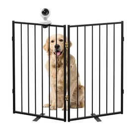 Full Metal Freestanding Dog Gate -2 Panels, Extra Wide Foldable Pet Fence with Pet Monitor Adapter for Indoor/Outdoor, 32'' Height Tall Dog Gate or Baby Gate for Doorways, Stairs, Hallways, Yard