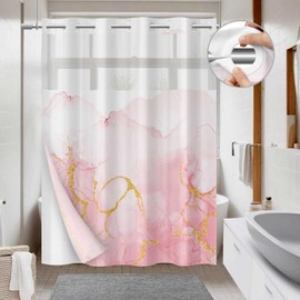 TERSUM No Hook Shower Curtain with Snap in Liner Set, Abstract Pink and Gold Marble Texture Shower Curtains for Bathroom Hotel Decor, Waterproof 71x74 Inch