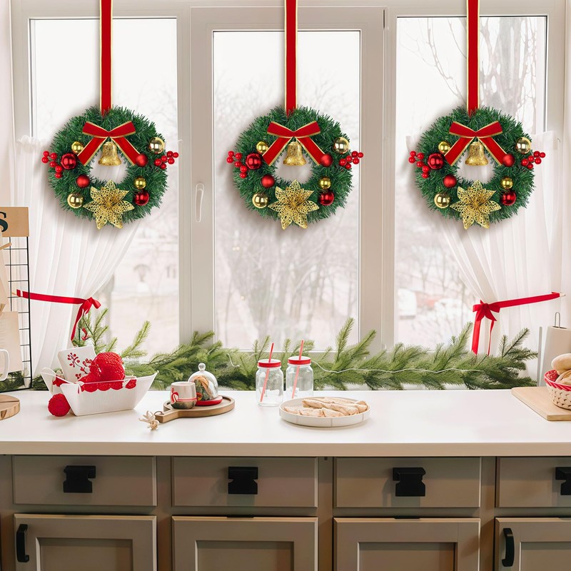 6 Pcs Mini Christmas Wreath with Bell, Berry, Flowers and