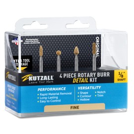 Kutzall 4-Piece Rotary Burr Detail Kit - 1⁄8" Shaft, Fine – Wood Carving Bit for Dremel, Foredom, Ryobi, DeWalt, Milwaukee Tools - Structured Tungsten Carbide, 18FKIT02