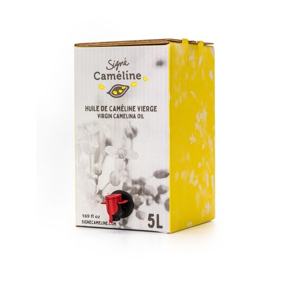 Signé Caméline. Virgin Camelina Oil. 1.32 gallons. Finishing and cooking oil. High in Omega-3. Smoke point 475 degrees fahrenheit. Substitute for olive oil. Produced in Canada.