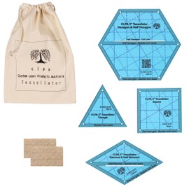 CLPA Premium Acrylic Like Quilting Templates for Cutting Tessilating Patterns: 3" Hexagon, & Matching Triangle, Square, and Diamond Shapes in Convenient Cloth Storage Bag with Non-Slip Silicone Dots.