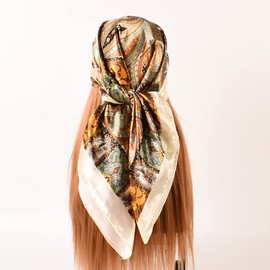 EIysee 35 x 35 Women's Fashion Pattern Large Square Silk Like Hair Scarf Head Sleeping Wrap Satin Neck Bandana for Gift (Big Cashew Beige)…