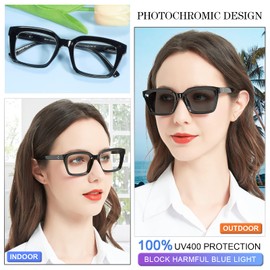 MARE AZZURO Photochromic Reading Glasses Women Blue Light Blocking Oversized Readers 100 143 200 250 300 350 400 (Black, 3.5)