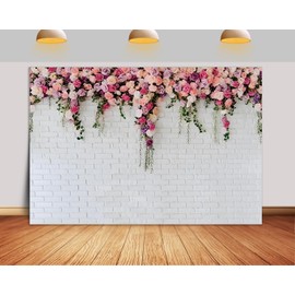 7X5ft Fabric White Brick Wall with Flowers Backdrop Wedding Bridal Shower Birthday Party Theme Photography Background Party Showers Decoration