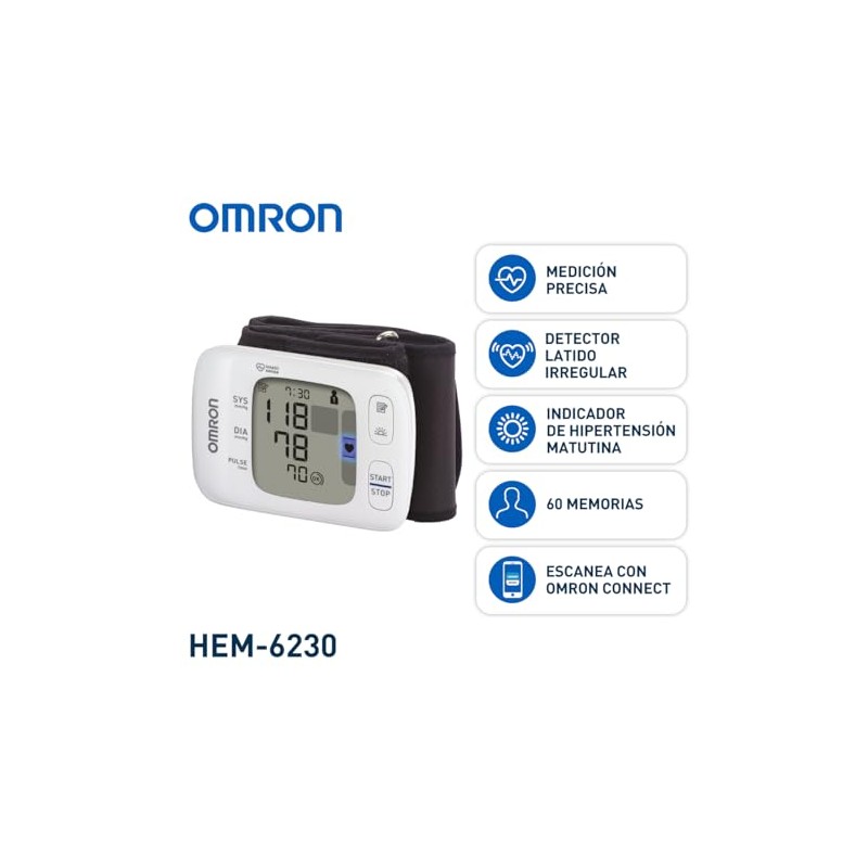 OMRON Baumanómetro automático de muñeca HEM-6230 compatible con app OMRON