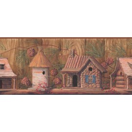 Concord Wallcoverings Vintage Birdhouses Wallpaper Border, Featuring Brick Houses on a Garden, Colors Brown, Grey, Red, Blue, Yellow, Size 10 Inches by 15 Feet WL5657B