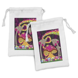 Lunarable Mushroom Fabric Pouch Set of 2, Vibrant Psychedelic Composition with Mushroom Floral Rainbow Color Blots, Small Drawstring Bag for Toiletries Masks and Favors, 9" x 6", Multicolor