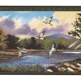 CONCORD WALLCOVERINGS Wallpaper Border Nature Pattern River Trees Birds Mountains, Green Brown Yellow Orange Blue, 7 Inches by 15 Feet BG76319