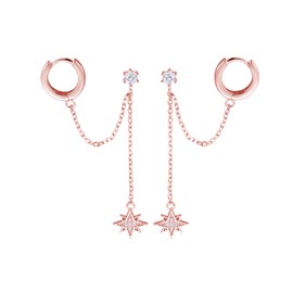 SLUYNZ 925 Sterling Silver Small Hoop Cuff Earrings Wrap for Women Double Piercing Earrings Chain Cartilage Helix Earrings Star Tassel (C-Rose Gold)