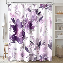 MAYZUS Extra Long Shower Curtain 72 x 84 Inch, Tall Watercolor Floral Fabric Shower Curtain, Modern Abstract Purple Flower Bathroom Shower Curtain Set with Hooks