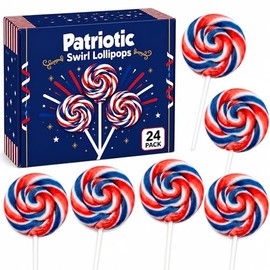 Patriotic Lollipops Bulk 24 Pack – Red White and Blue Round Swirl Pops – Individually Wrapped 4th of July Candy – USA Party Favors, Goodie Bags, Parade Candy, Memorial Day Treats