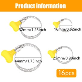 16 Pieces 4 Size Hose Clips Set with Handle, Adjustable 16mm-40mm Range Garden Hose Clamp, Stainless Steel Garden Tightening Pipe Clamp for Hose Pipe Tube, for Securing Home Gas Flexible Connections