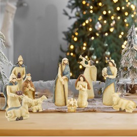 Christmas Complete Indoor Nativity Scene with Minimalistic Wood Appearance Figurines of The Holy Family, Wisemen, Shepard, Angel and Animals (11 Pieces)