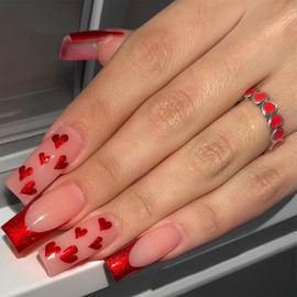 BFY Valentine's Day Press-on Nails: Medium Coffin Shapes, Red Glitter French Hearts, Acrylic Nails Set, Glue-on, Nude Glossy False Nails, 24 Pcs