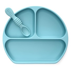 PrimaStella Unbreakable Silicone Non-Slip Baby & Toddler Plate and Spoon Feeding Set - Pacific Blue