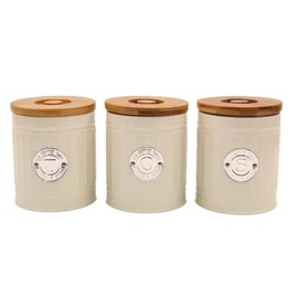 Sifcon International plc 3 x Retro Vintage Classic Enamelware Kitchen Canisters - Round TEA/COFFEE/SUGAR Caddy/Storage Tins with Wooden Lid - CREAM/SILVER - 14 cm