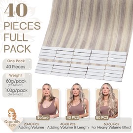 Elailite Tape in Hair Extensions Real Human Hair 40 Pcs - Seamless Skin Weft Real Remy Hair Extension Straight (#Ombre 60/GREY Platinum Blonde/Grey, 14 Inch-80g)