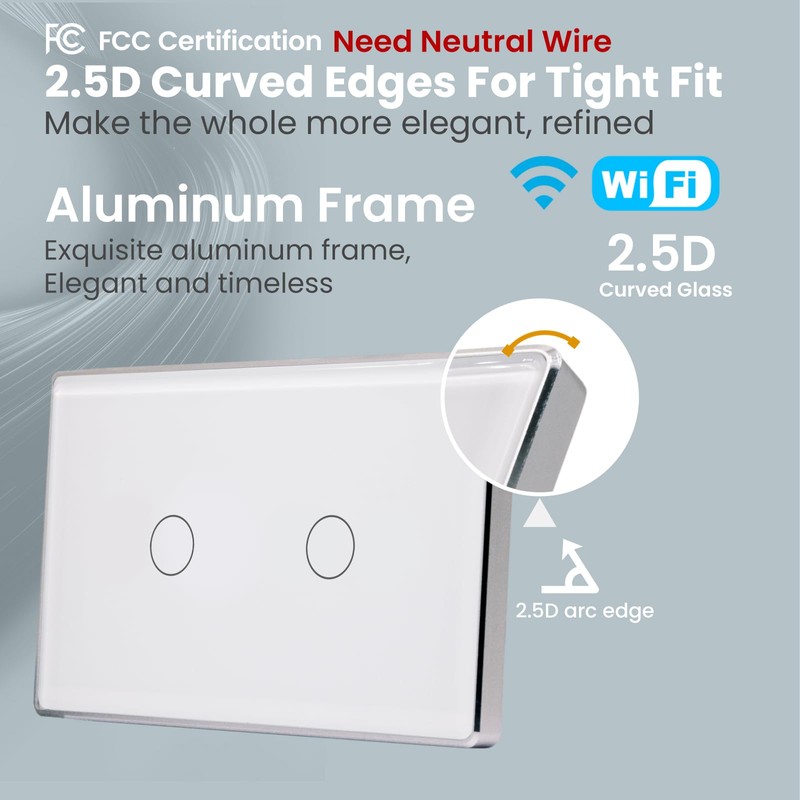 LOUYSGEN Smart Light Switch,2-Button,Aluminum Frame, Neutral Required,2.4GHz, Tuya Smart Life