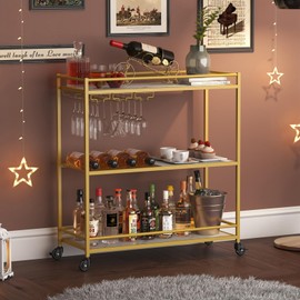 Lifewit Bar Cart Gold, 3 Tier Wine Rolling Cart with Lockable Wheels, 12 Glass Holders and 4 Wine Rack, Home Serving Drink Liquor Cart for Kitchen Dining Living Room, 31.6" x 13.1" x 33.9", Gold