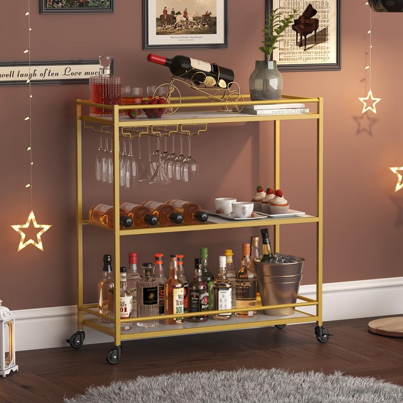 Lifewit Bar Cart Gold, 3 Tier Wine Rolling Cart with