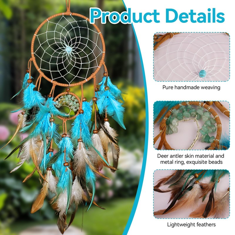 60CM Feather Dreamcatcher, Blue Tree of Life Double Circle Dream