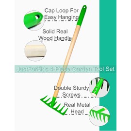 JustForKids Kids Garden Tool Set Toy, Rake, Spade, Hoe and Leaf Rake, reduced size , made of sturdy steel heads and real wood handle, 4-Piece, Multicolored, 5yr+