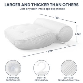 LuxStep Bath Pillow Bathtub Pillow With 6 Non-Slip Suction Cups,15x14 Inch, Extra Thick and Soft Air Mesh Pillow for Bath - Fits All Bathtub (White)